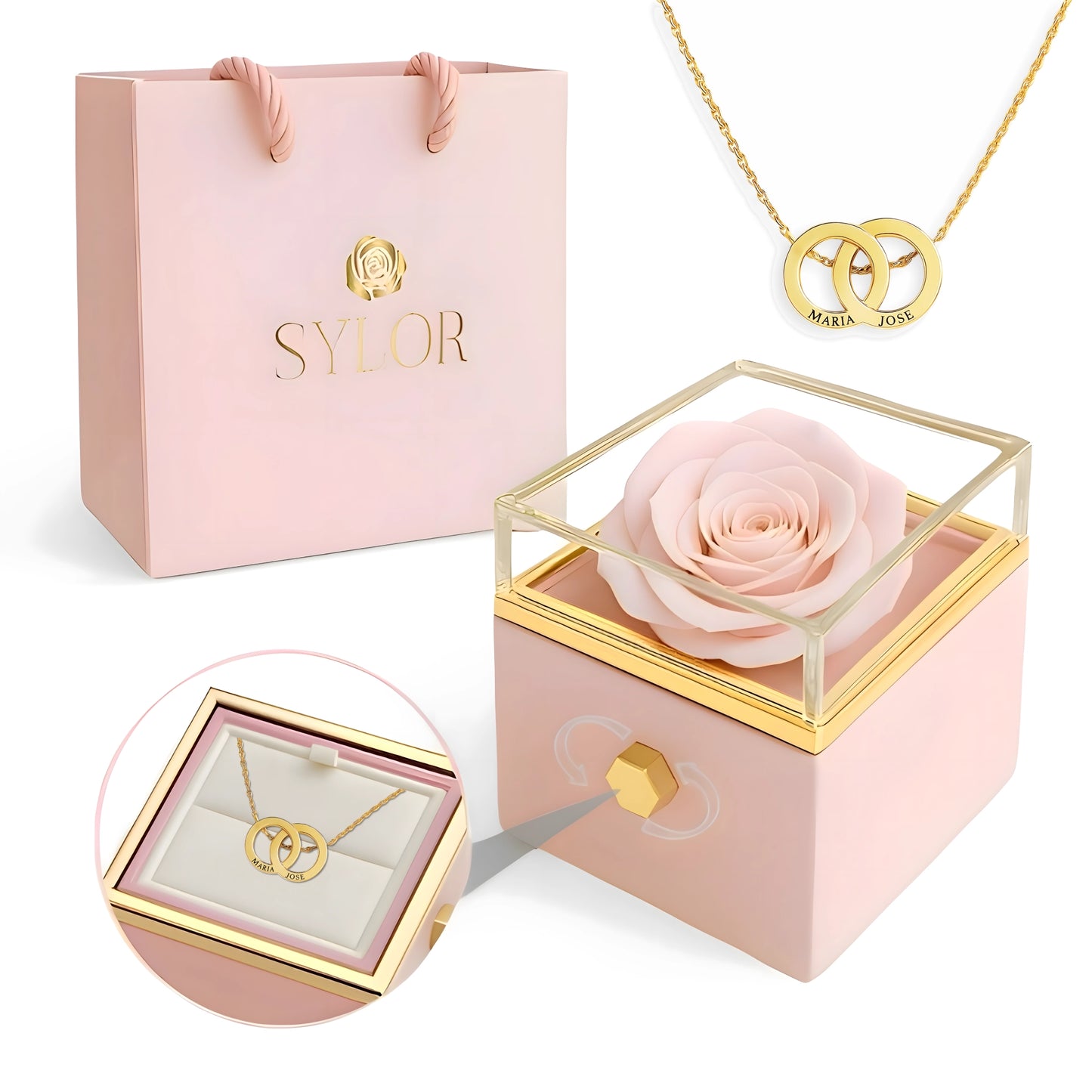 Caja de Rosa Eterna | Rosa Real y Collar Aros Entrelazados