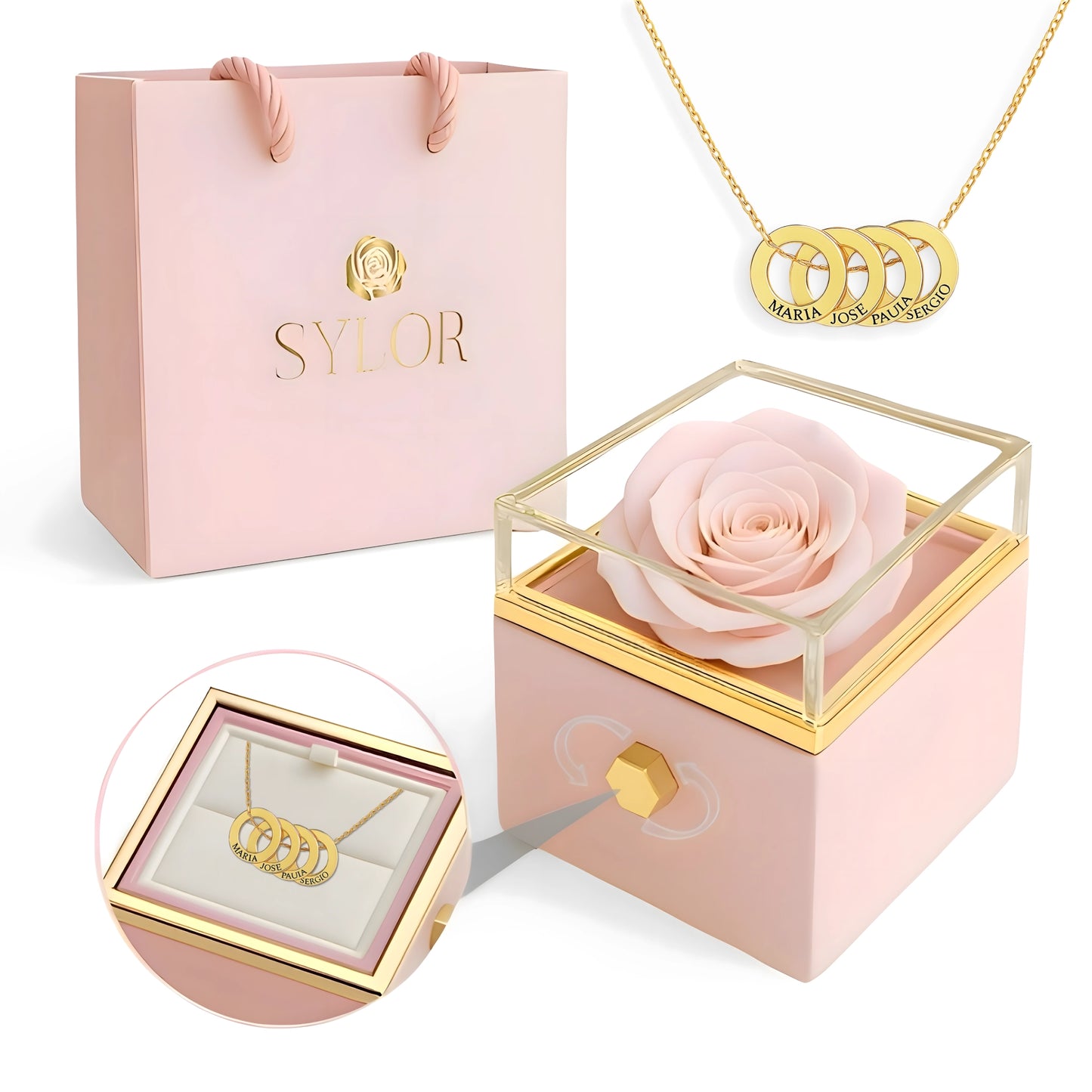 Caja de Rosa Eterna | Rosa Real y Collar Aros Entrelazados