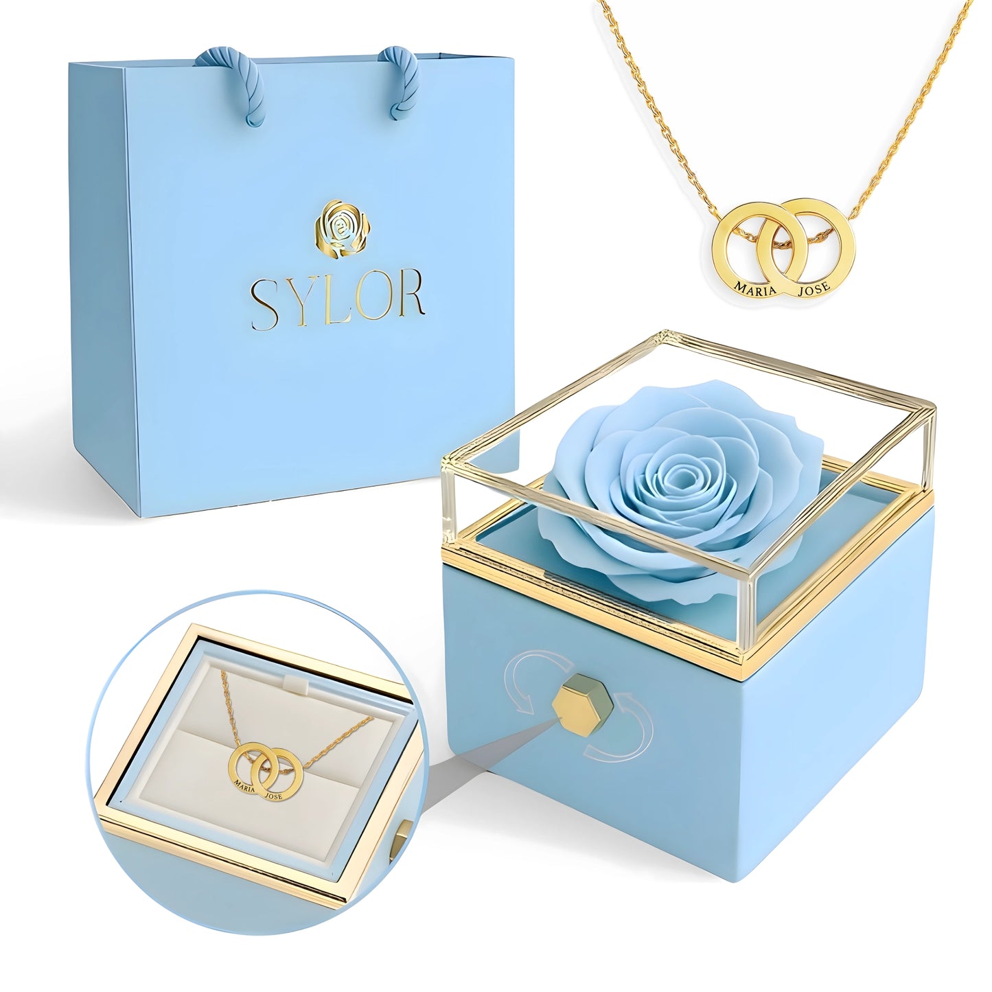 Caja de Rosa Eterna | Rosa Real y Collar Aros Entrelazados