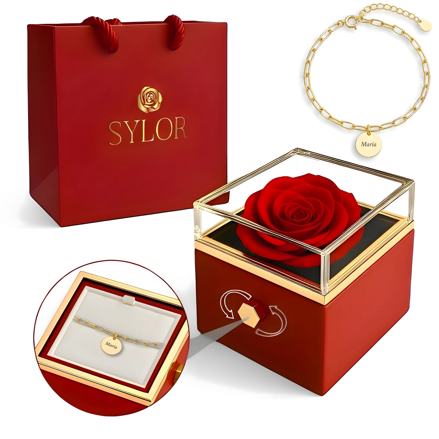 Caja de Rosa Eterna | Rosa Real y Pulsera Diora Nombres