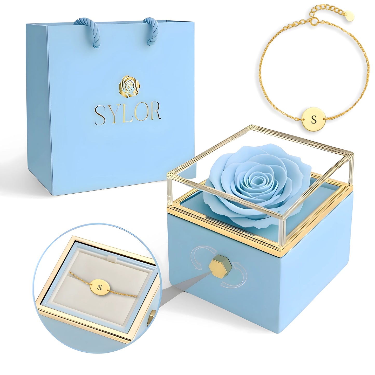 Caja de Rosa Eterna | Rosa Real y Pulsera Venchi Inicial