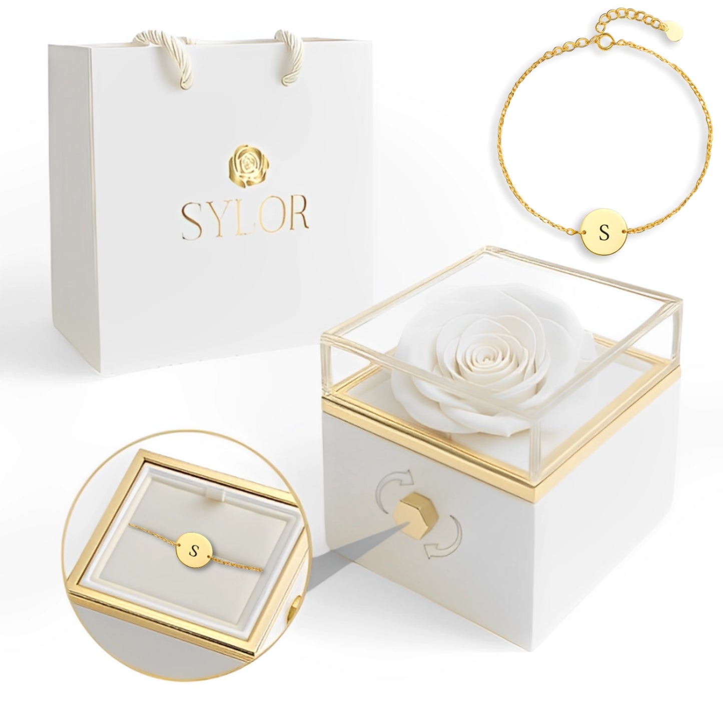 Caja de Rosa Eterna | Rosa Real y Pulsera Venchi Inicial