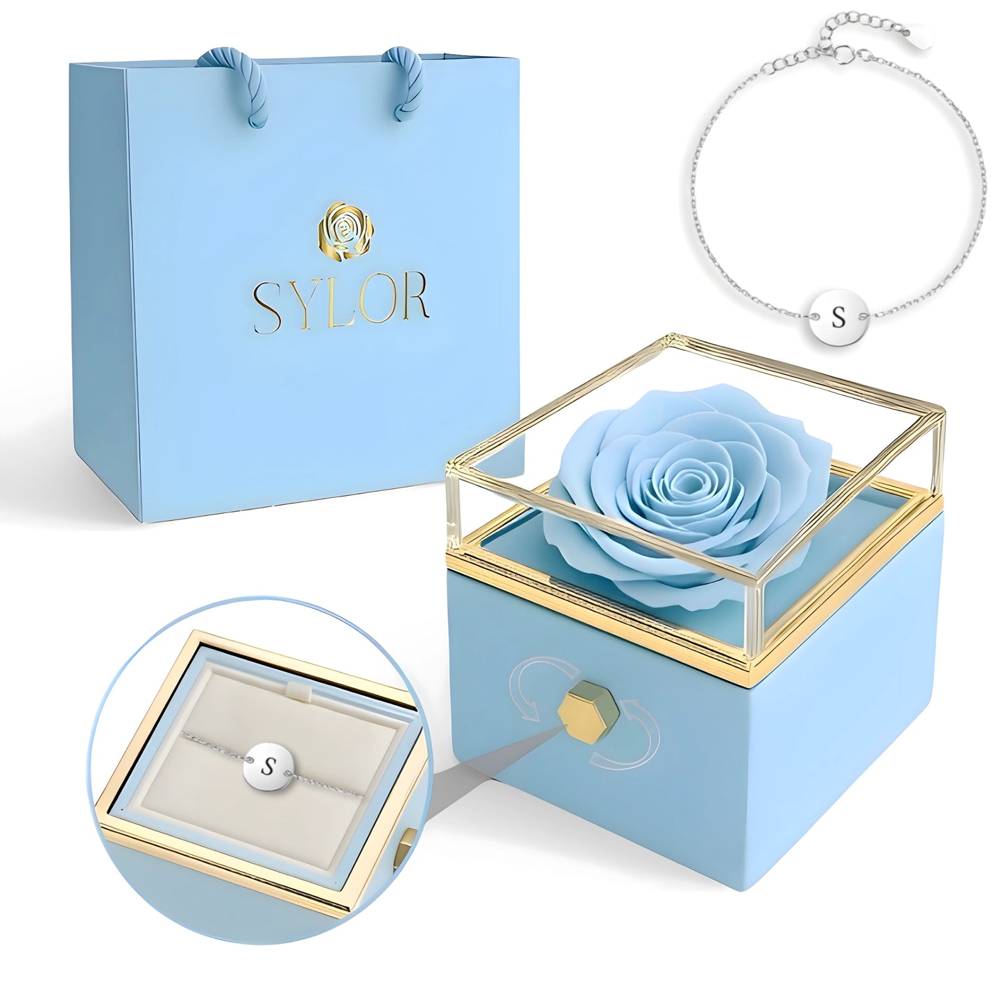 Caja de Rosa Eterna | Rosa Real y Pulsera Venchi Inicial