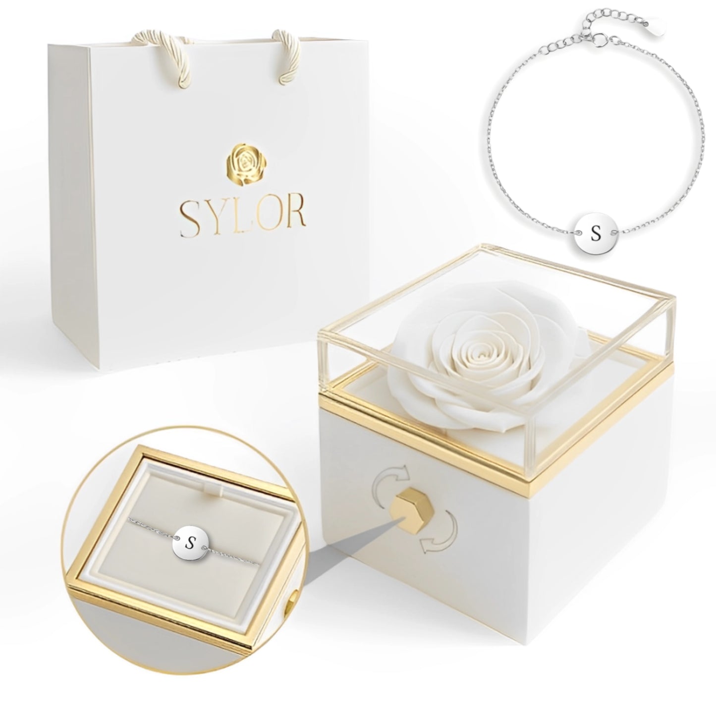 Caja de Rosa Eterna | Rosa Real y Pulsera Venchi Inicial