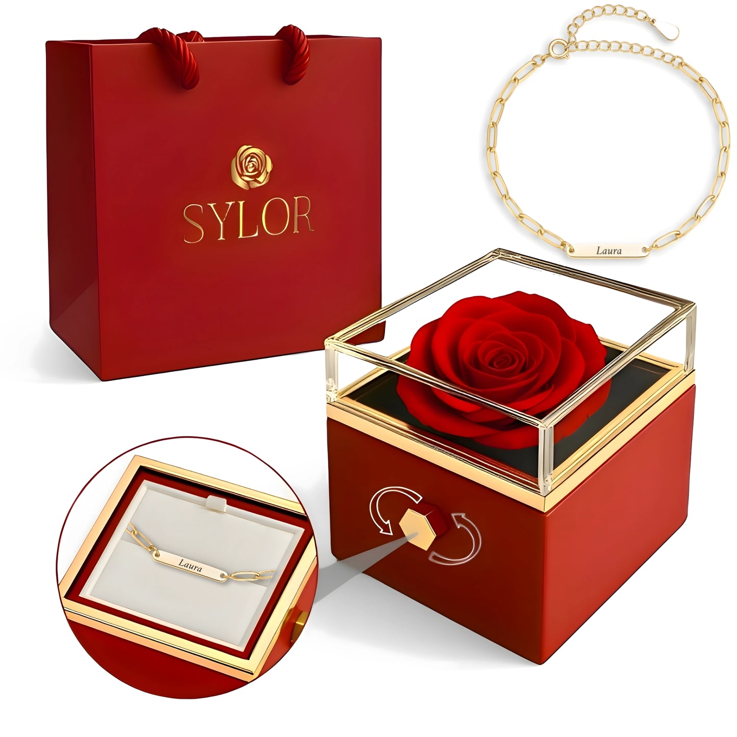 Caja de Rosa Eterna | Rosa Real y Pulsera Eslabones Unidos