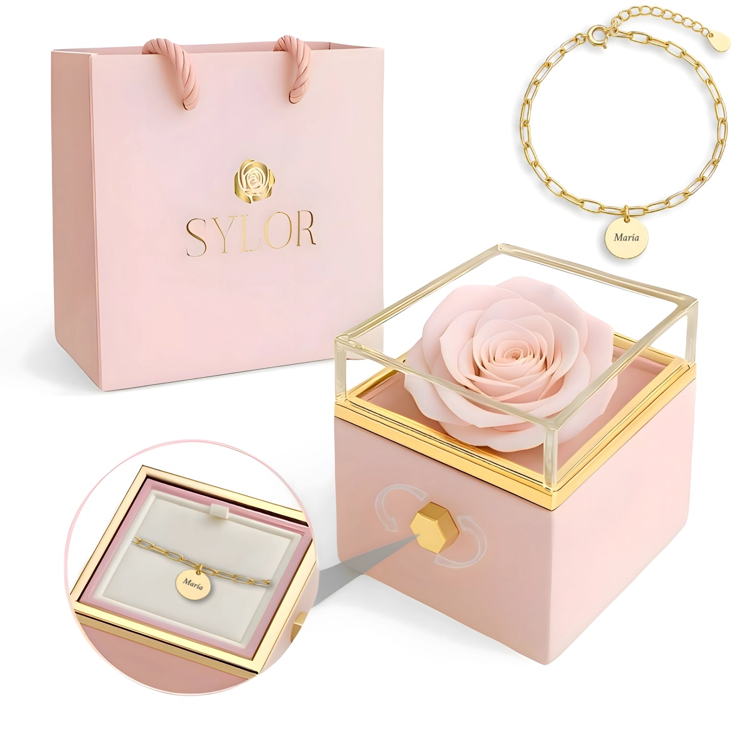 Caja de Rosa Eterna | Rosa Real y Pulsera Diora Nombres