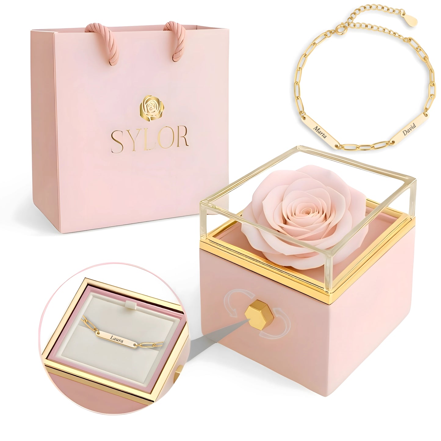 Caja de Rosa Eterna | Rosa Real y Pulsera Eslabones Unidos