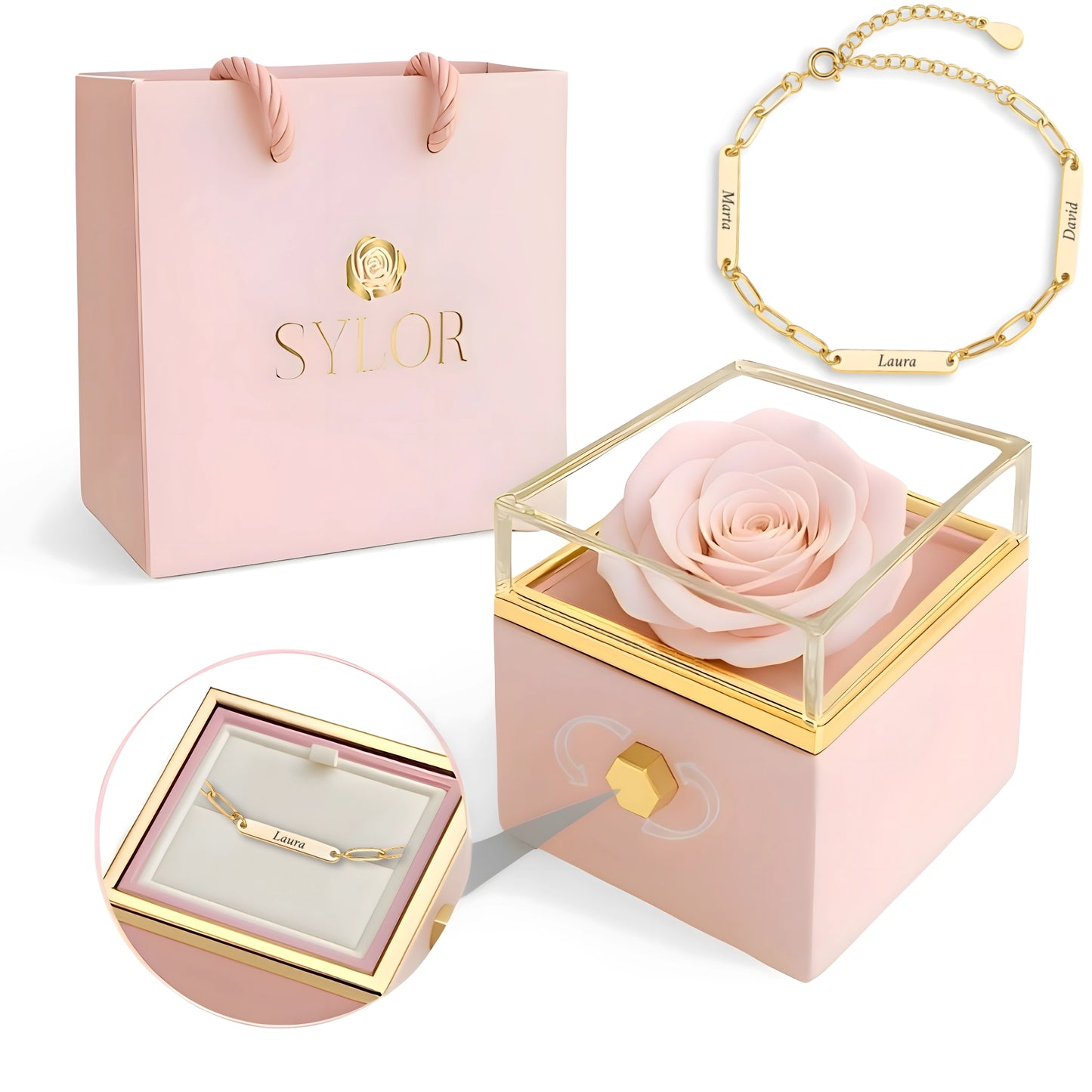Caja de Rosa Eterna | Rosa Real y Pulsera Eslabones Unidos