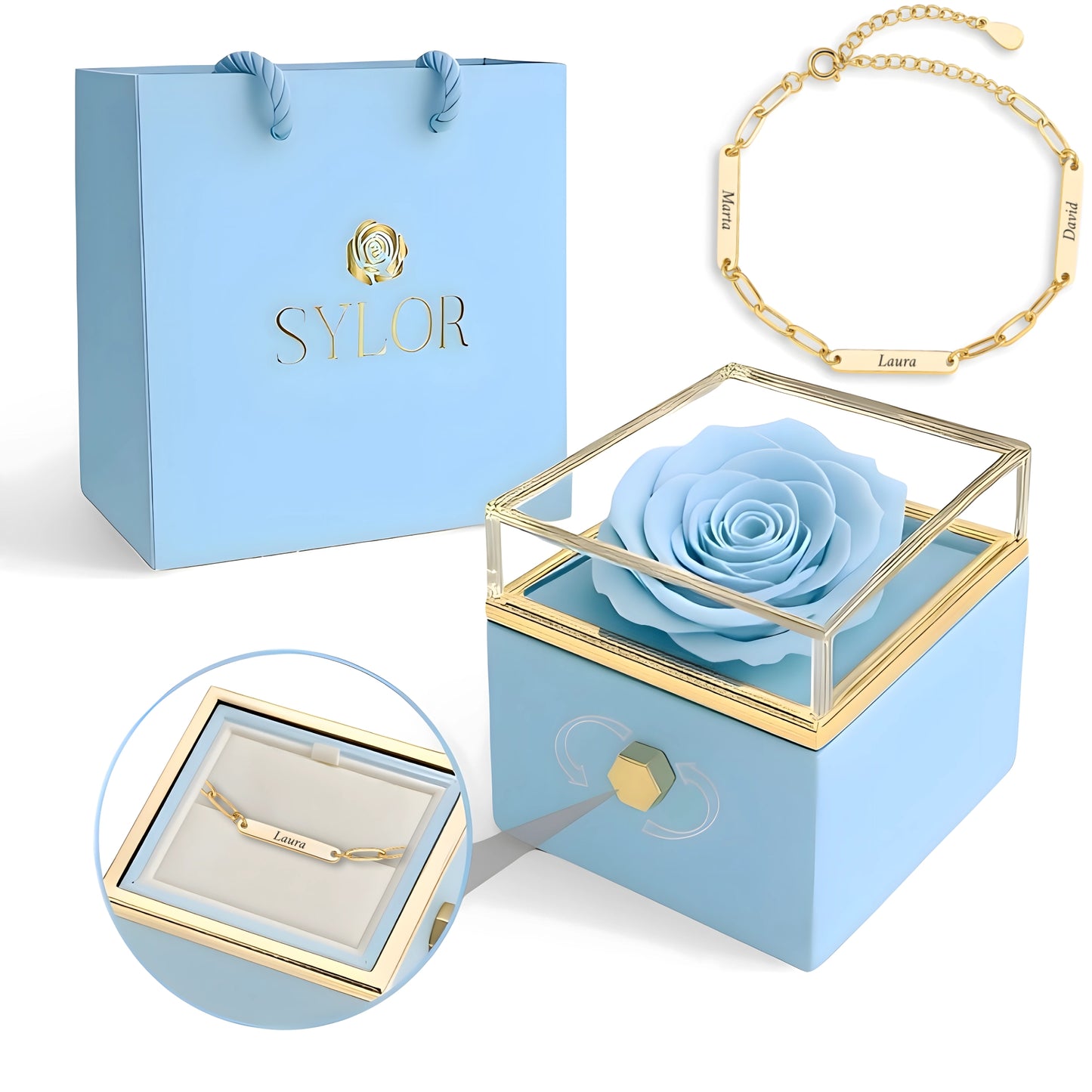 Caja de Rosa Eterna | Rosa Real y Pulsera Eslabones Unidos