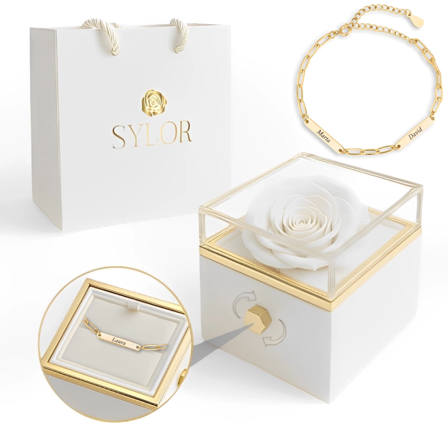 Caja de Rosa Eterna | Rosa Real y Pulsera Eslabones Unidos