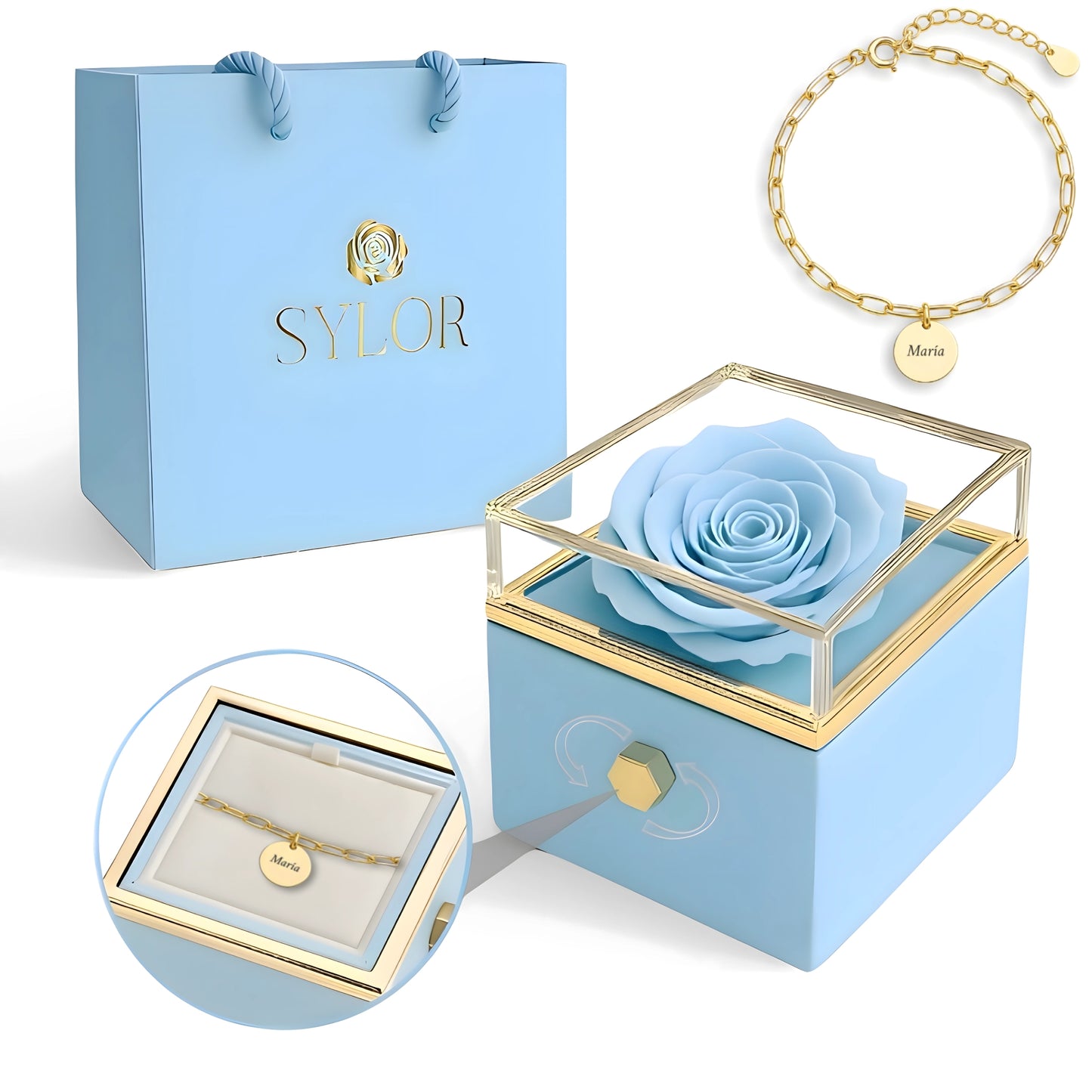 Caja de Rosa Eterna | Rosa Real y Pulsera Diora Nombres