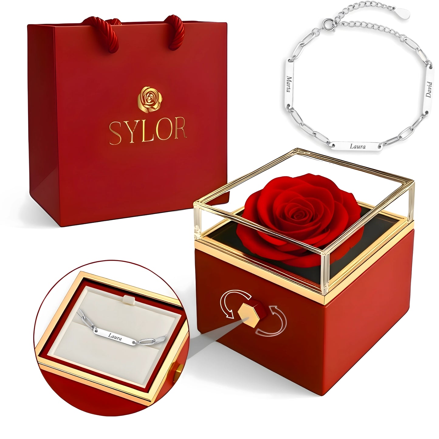 Caja de Rosa Eterna | Rosa Real y Pulsera Eslabones Unidos