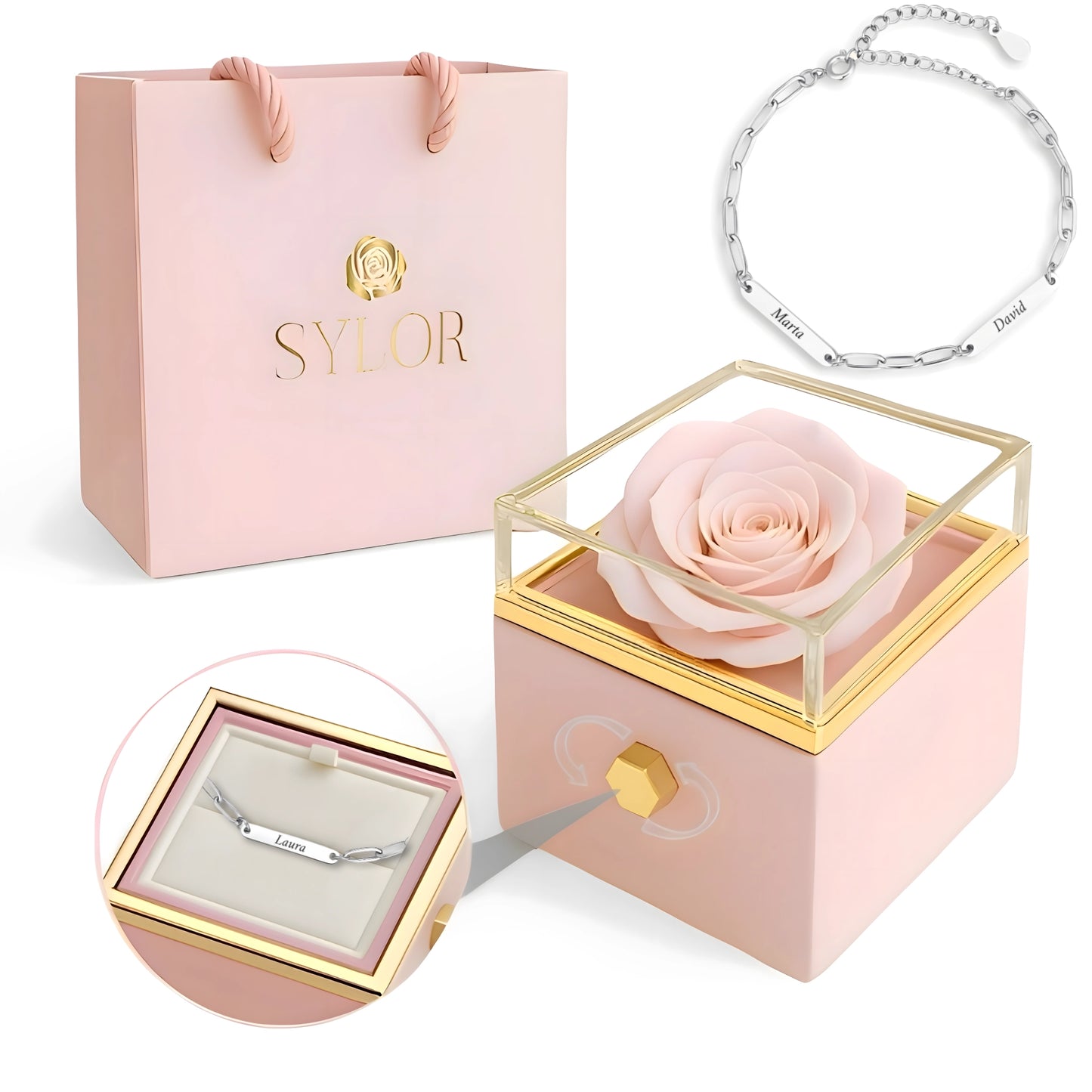 Caja de Rosa Eterna | Rosa Real y Pulsera Eslabones Unidos