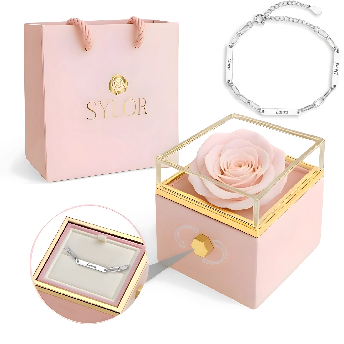 Caja de Rosa Eterna | Rosa Real y Pulsera Eslabones Unidos