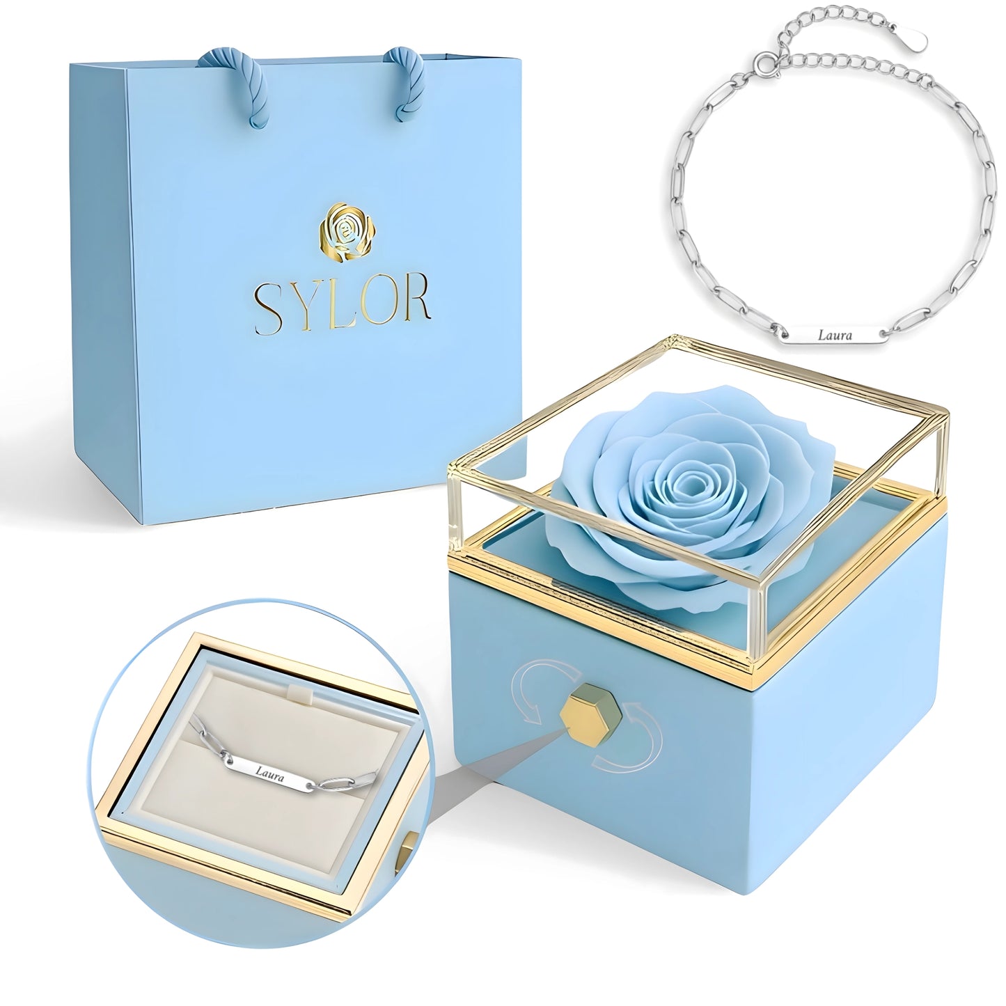 Caja de Rosa Eterna | Rosa Real y Pulsera Eslabones Unidos