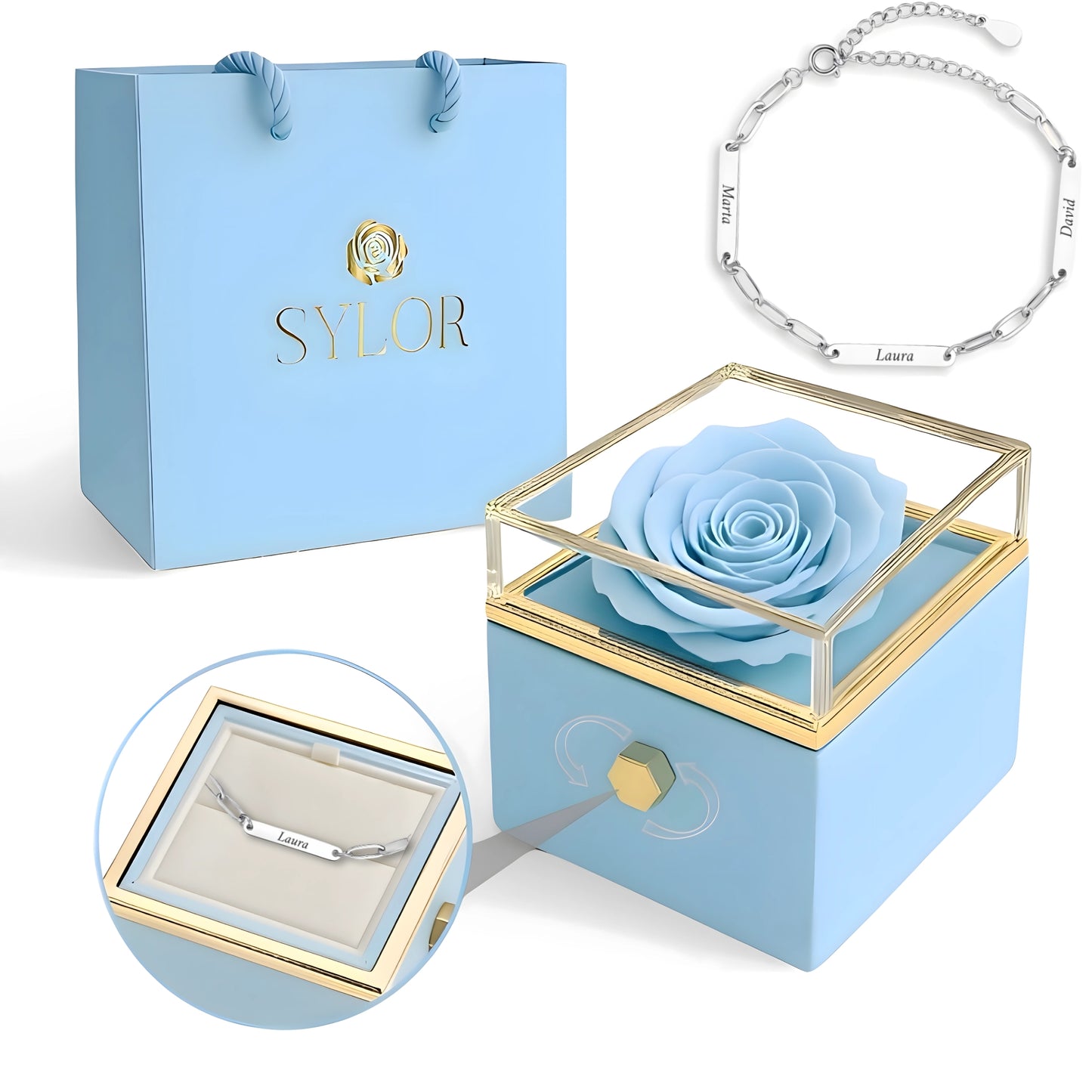 Caja de Rosa Eterna | Rosa Real y Pulsera Eslabones Unidos