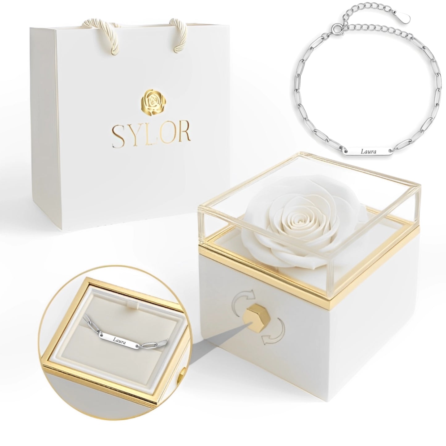Caja de Rosa Eterna | Rosa Real y Pulsera Eslabones Unidos