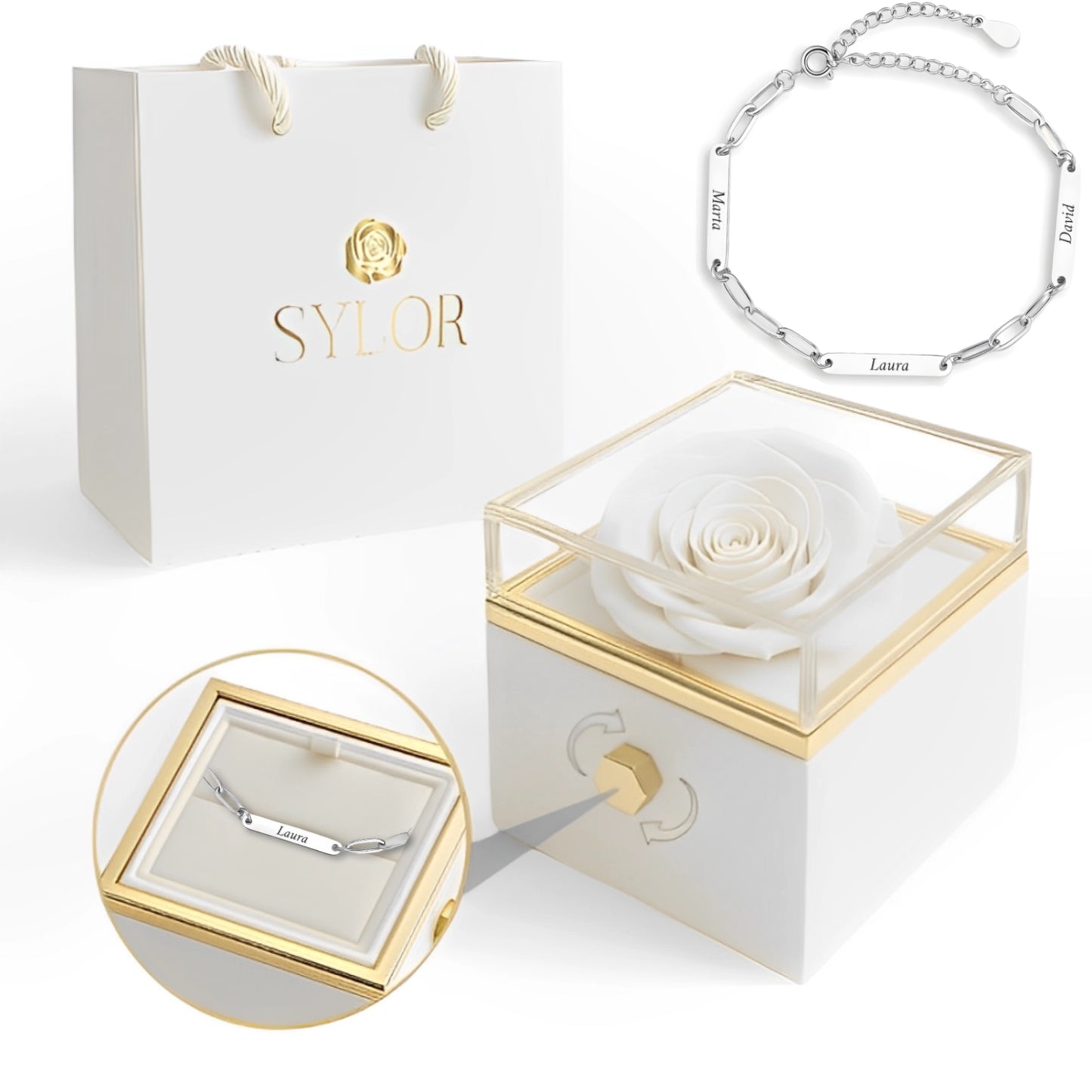 Caja de Rosa Eterna | Rosa Real y Pulsera Eslabones Unidos
