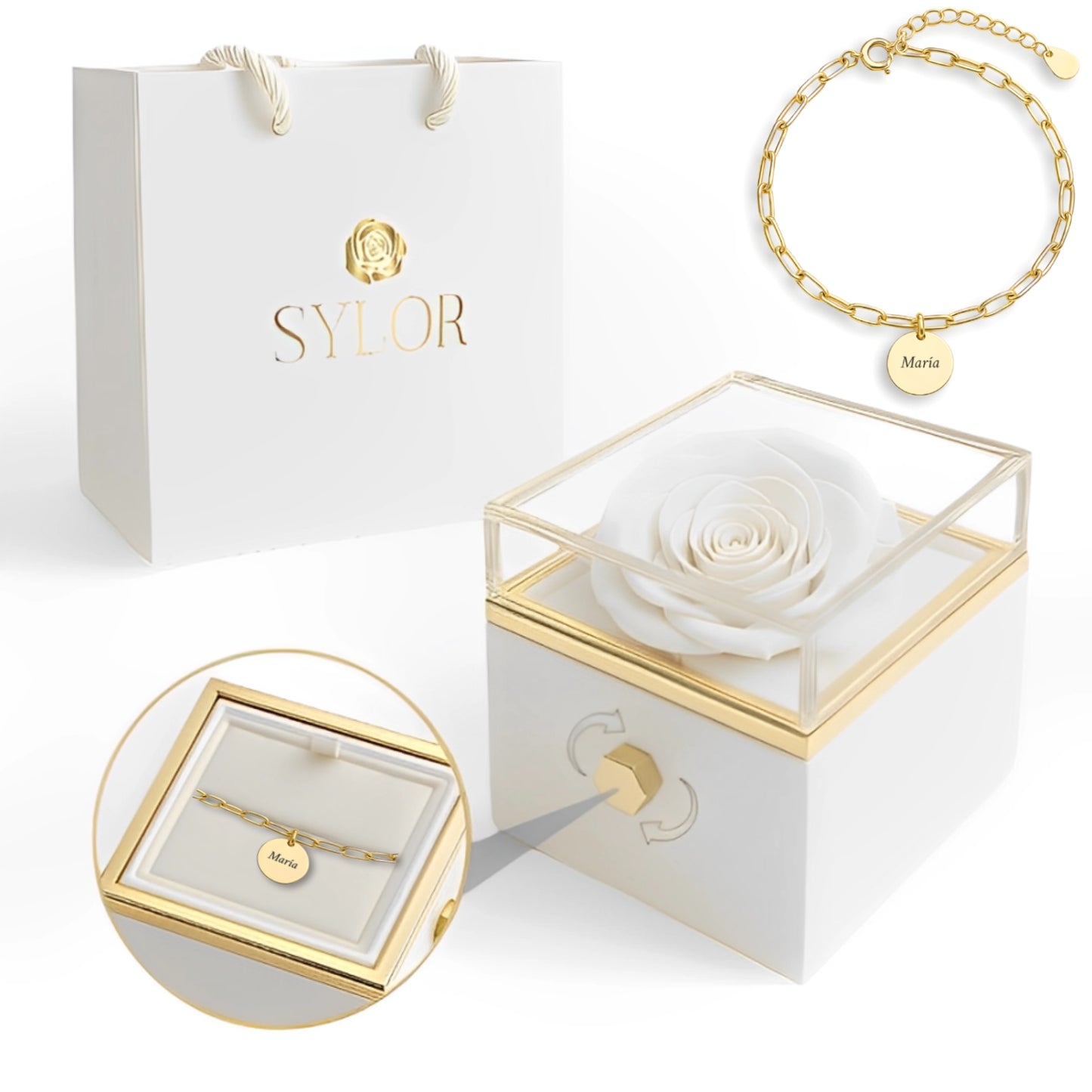 Caja de Rosa Eterna | Rosa Real y Pulsera Diora Nombres