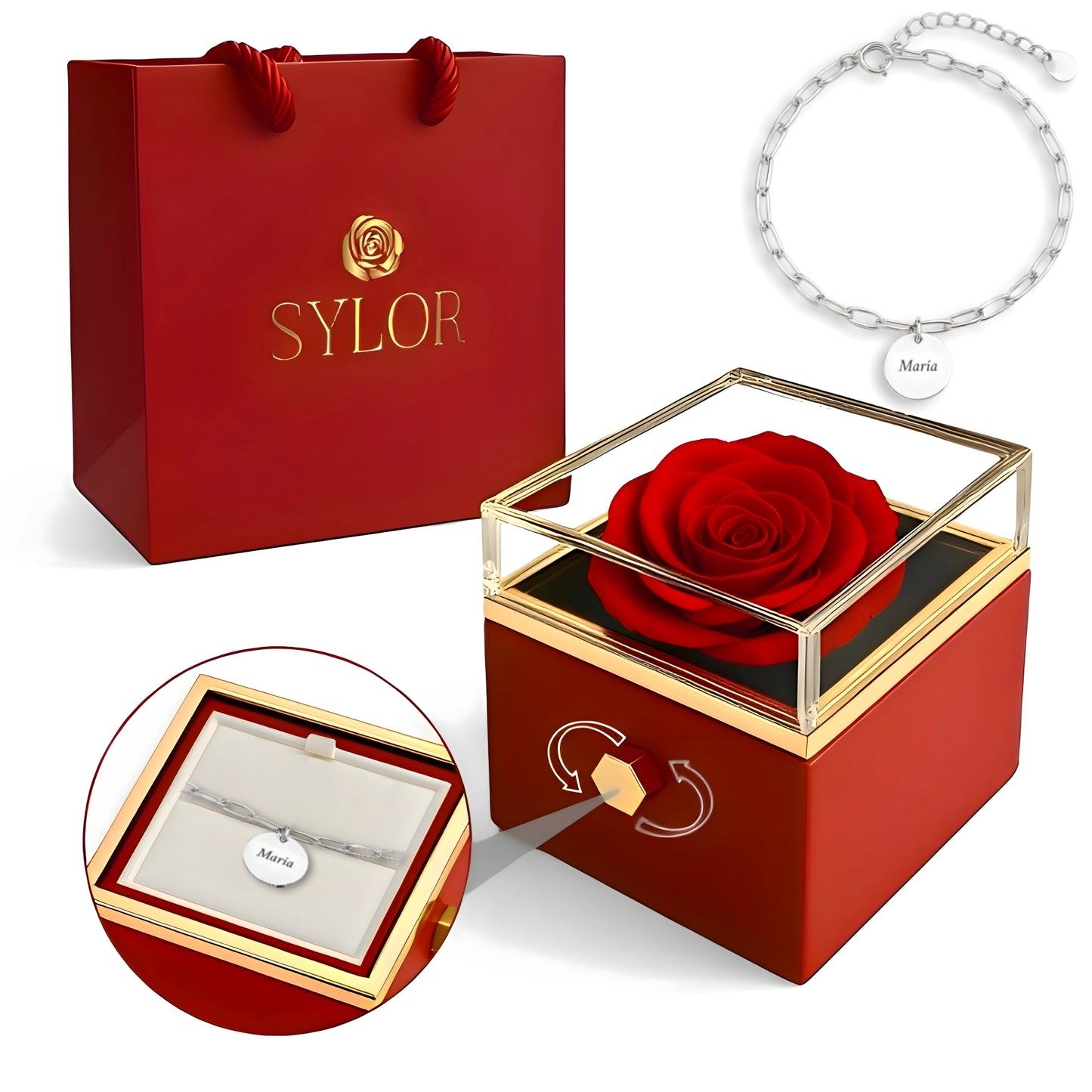 Caja de Rosa Eterna | Rosa Real y Pulsera Diora Nombres