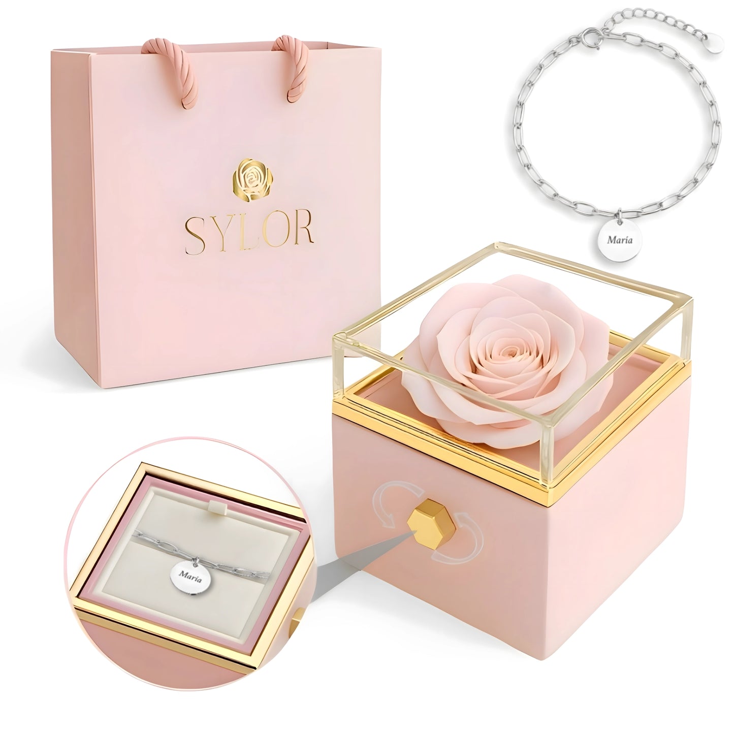 Caja de Rosa Eterna | Rosa Real y Pulsera Diora Nombres