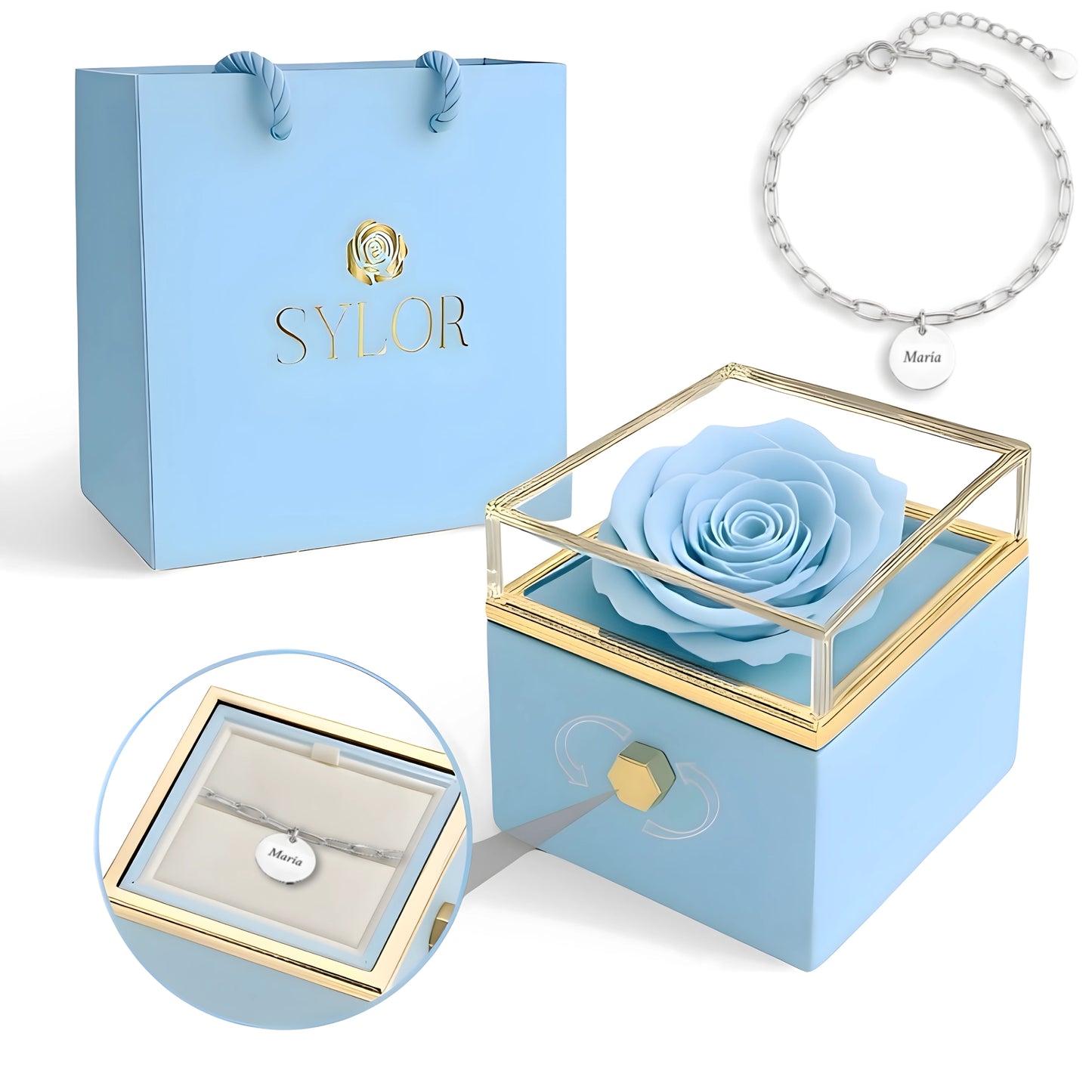 Caja de Rosa Eterna | Rosa Real y Pulsera Diora Nombres