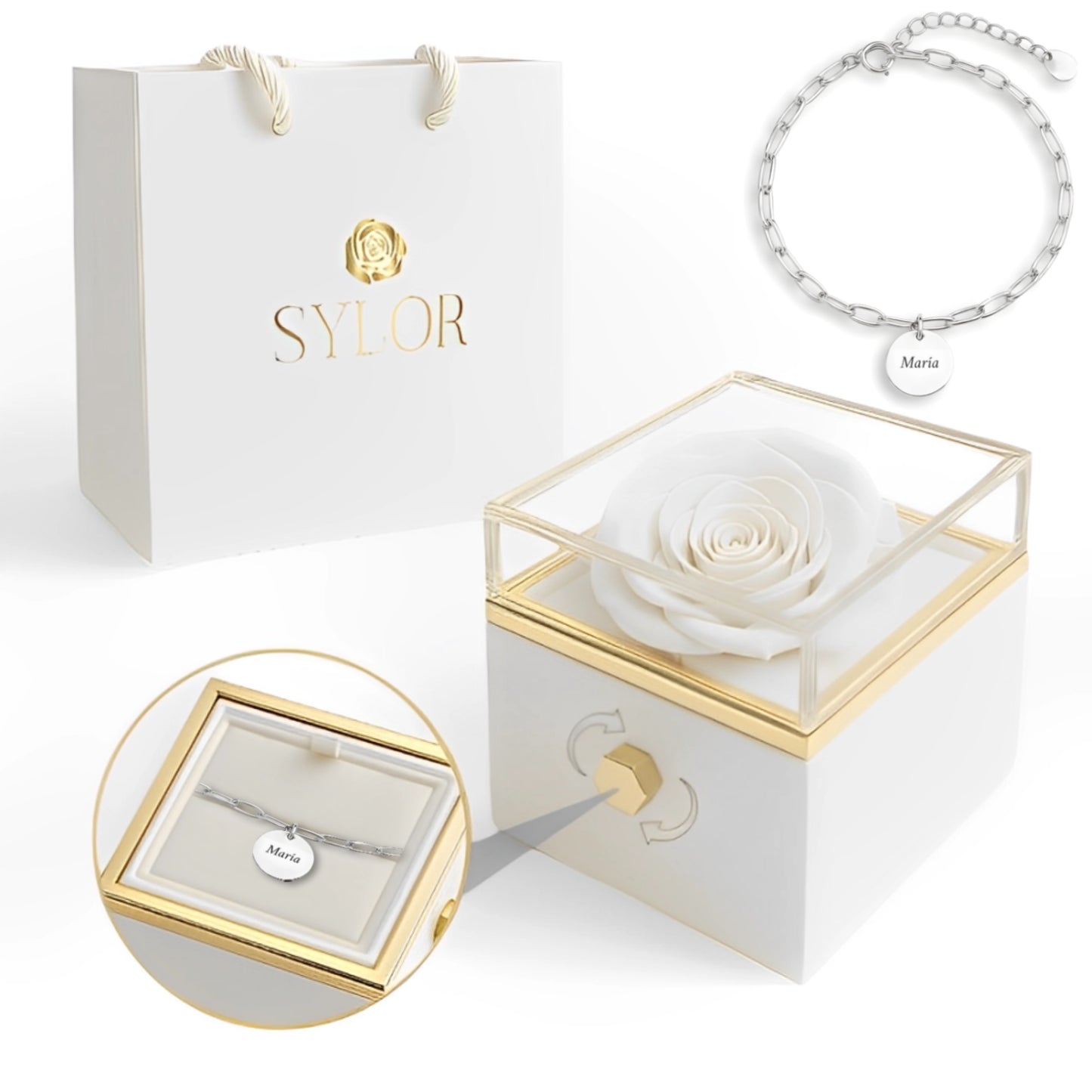 Caja de Rosa Eterna | Rosa Real y Pulsera Diora Nombres