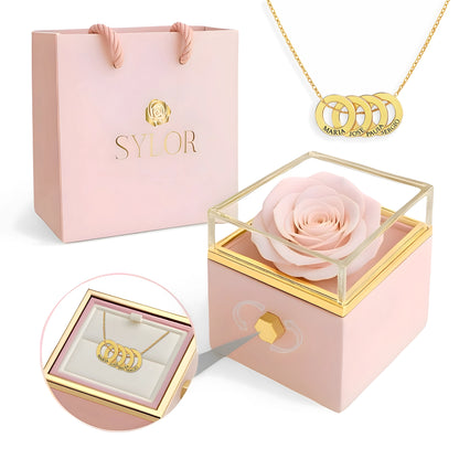 Caja de Rosa Eterna | Rosa Real y Collar Aros Entrelazados
