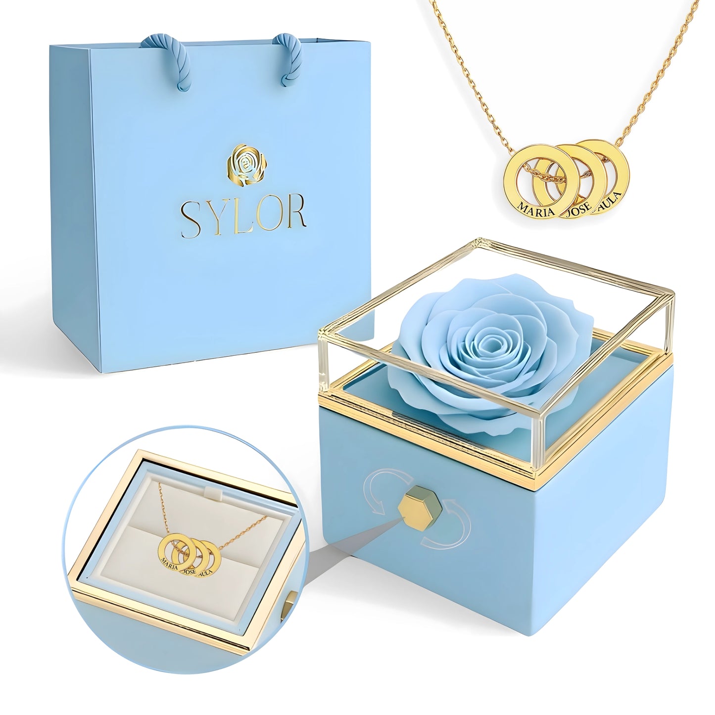 Caja de Rosa Eterna | Rosa Real y Collar Aros Entrelazados