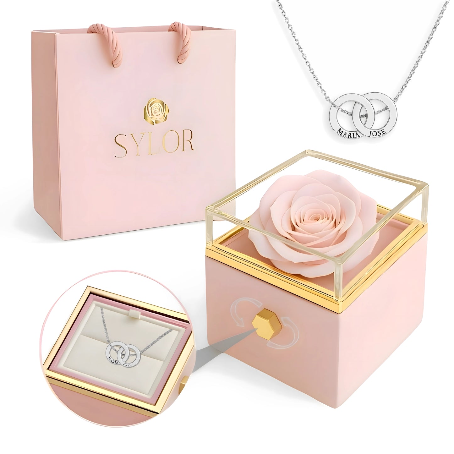 Caja de Rosa Eterna | Rosa Real y Collar Aros Entrelazados