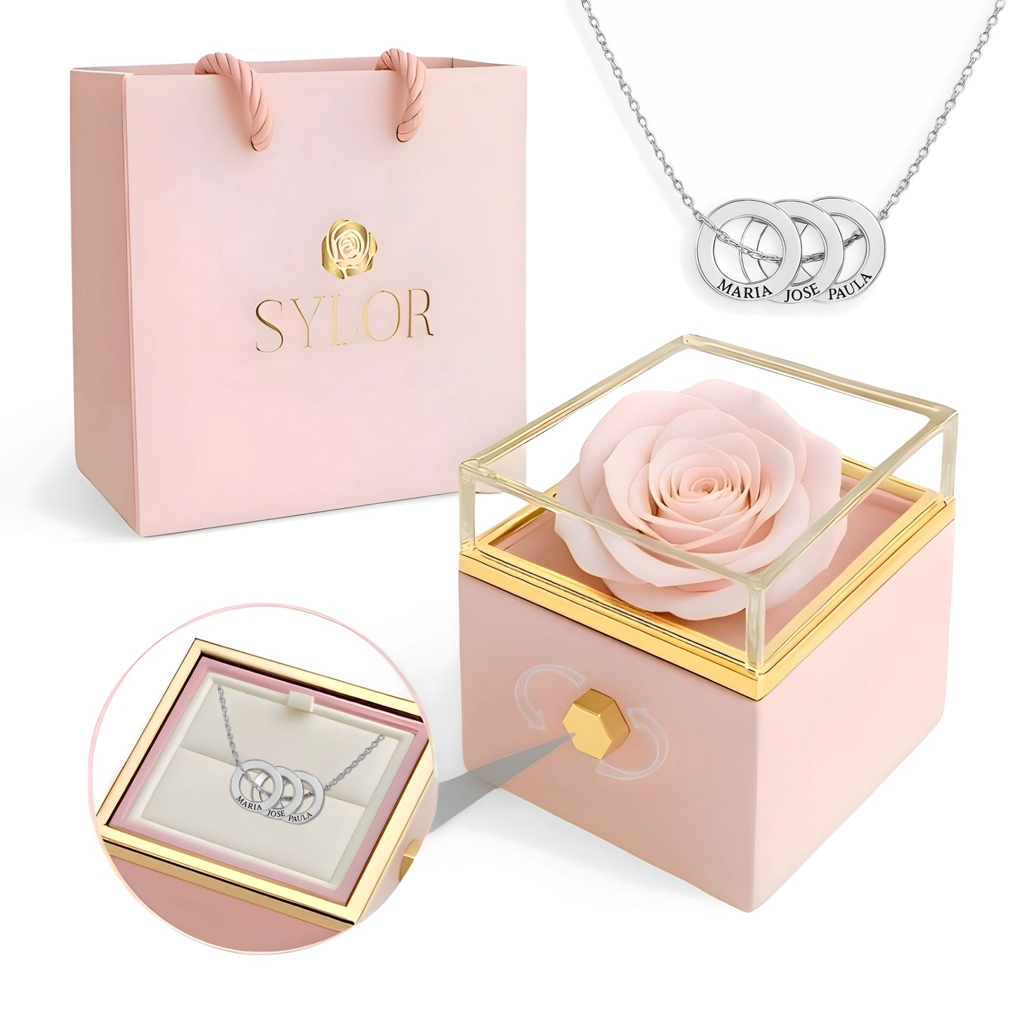Caja de Rosa Eterna | Rosa Real y Collar Aros Entrelazados