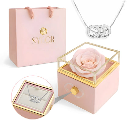 Caja de Rosa Eterna | Rosa Real y Collar Aros Entrelazados