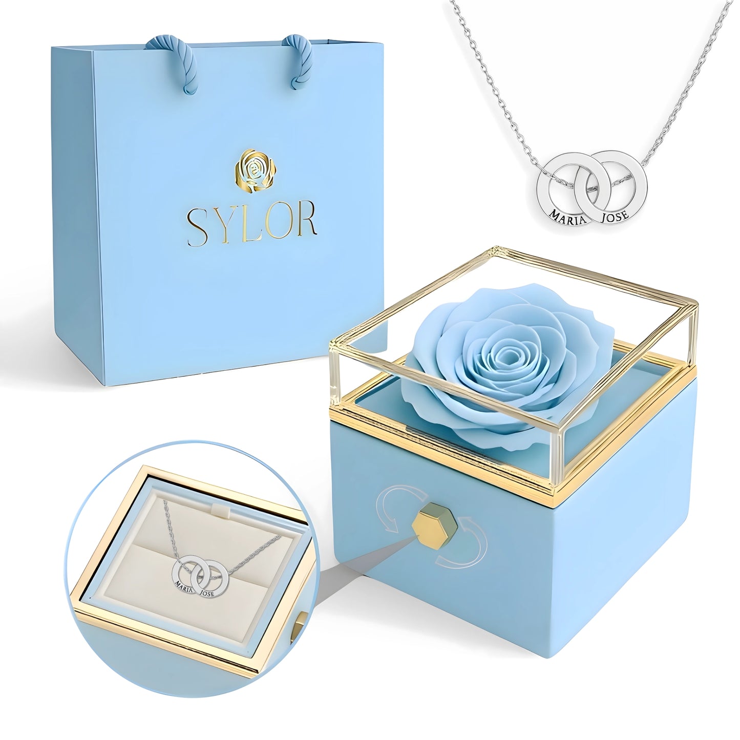 Caja de Rosa Eterna | Rosa Real y Collar Aros Entrelazados