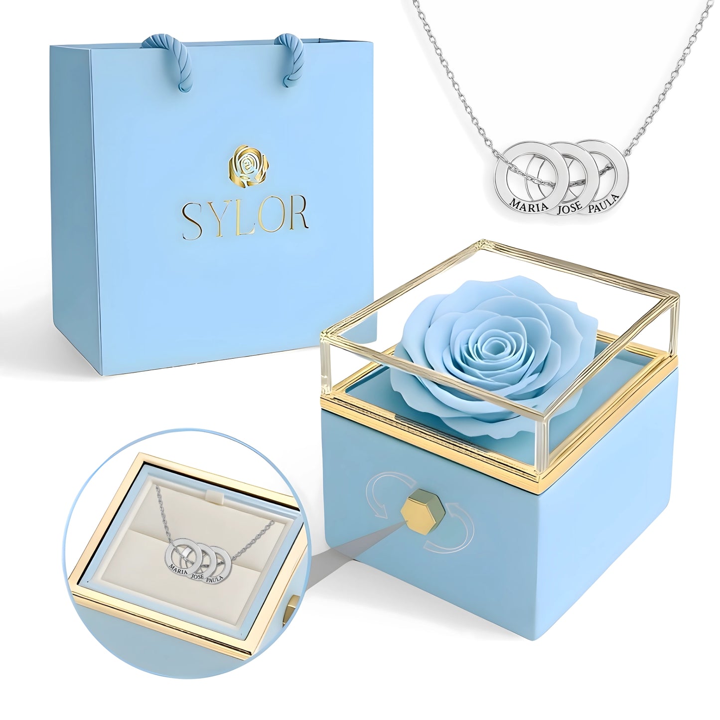 Caja de Rosa Eterna | Rosa Real y Collar Aros Entrelazados