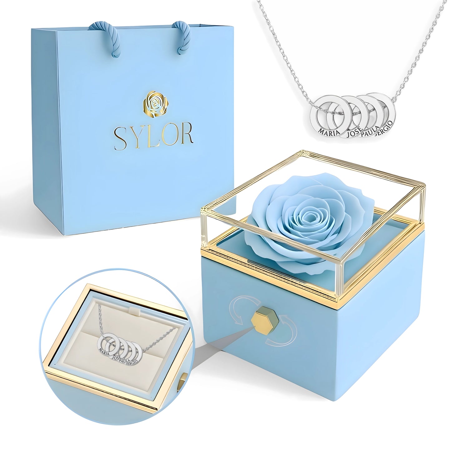 Caja de Rosa Eterna | Rosa Real y Collar Aros Entrelazados