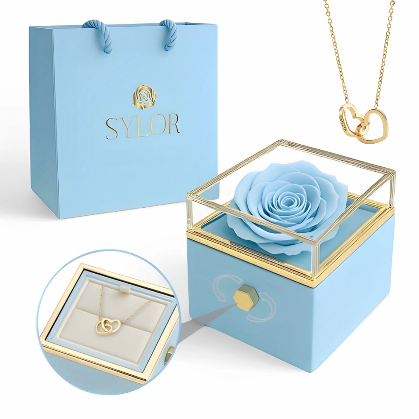 Caja de Rosa Eterna | Rosa Real y Collar Personalizado en Oro 18k