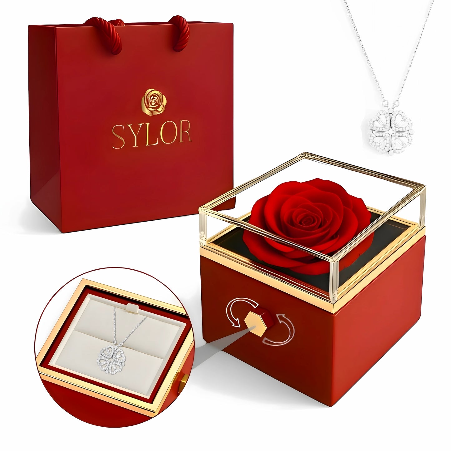 Caja de Rosa Eterna |  Rosa Real y Collar Trébol de Corazónes