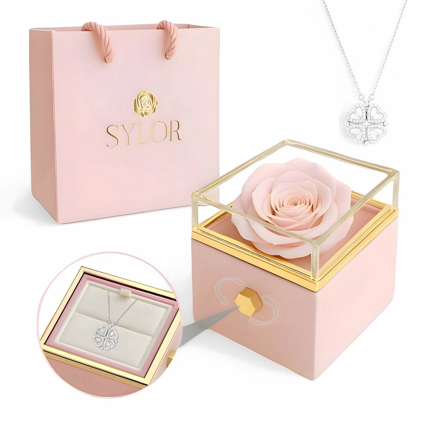 Caja de Rosa Eterna |  Rosa Real y Collar Trébol de Corazónes