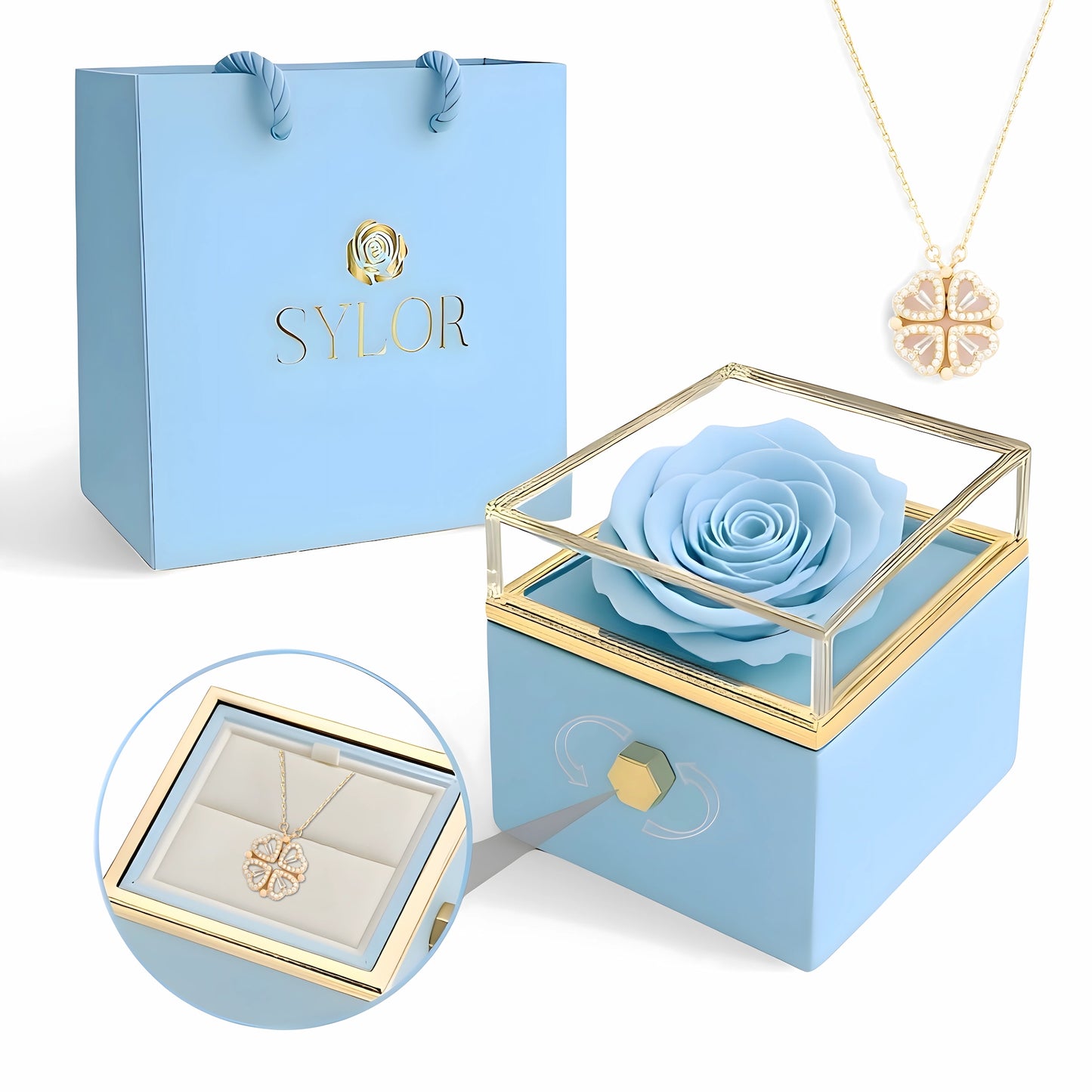 Caja de Rosa Eterna |  Rosa Real y Collar Trébol de Corazónes